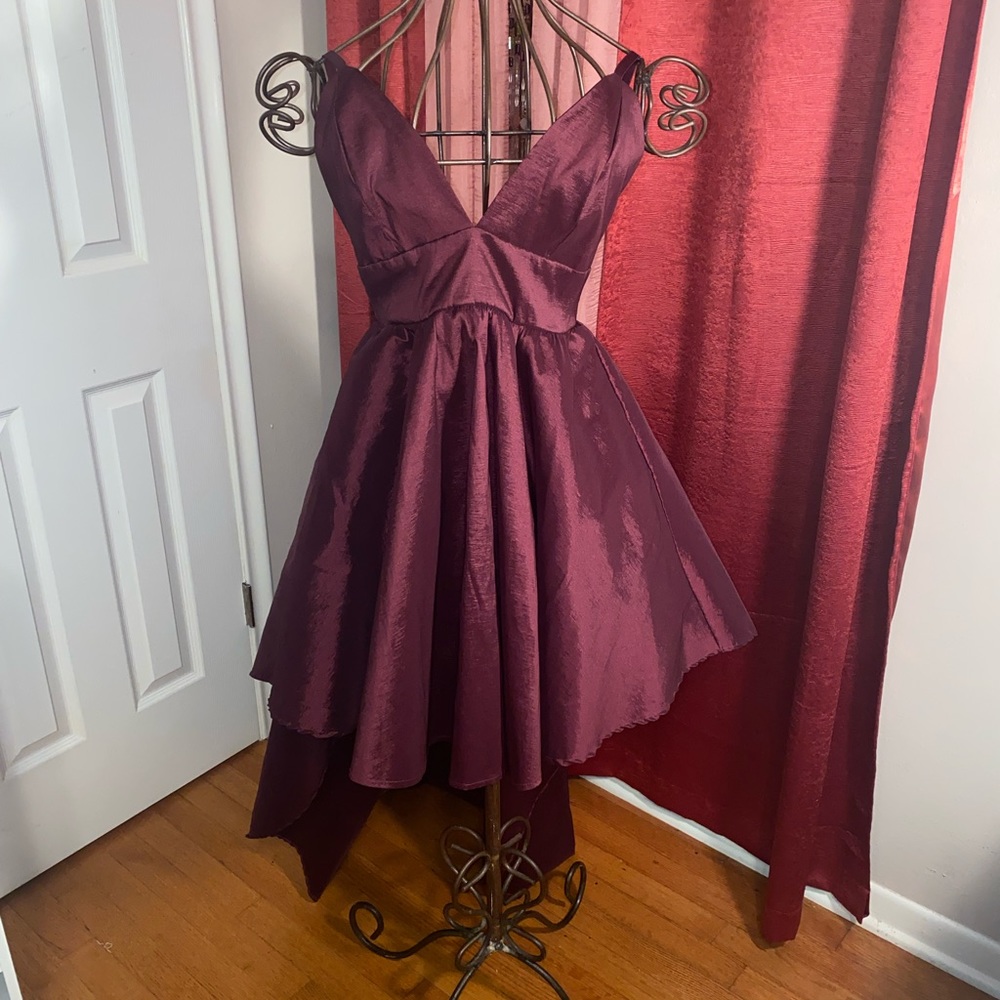 J IRIS Wine Strappy V Neck High Low Party Dress